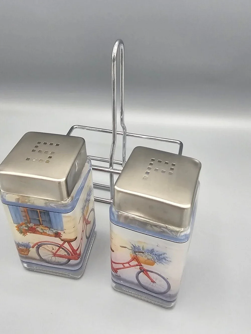 Vintage Bicycle Themed Salt and Pepper Shakers with Metal Stand
